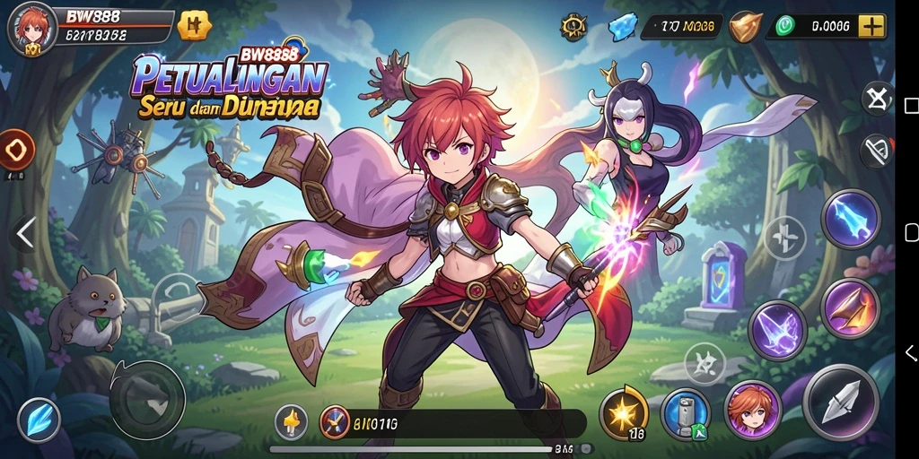 Tangkapan layar gameplay BW888 yang menampilkan karakter anime yang dinamis.