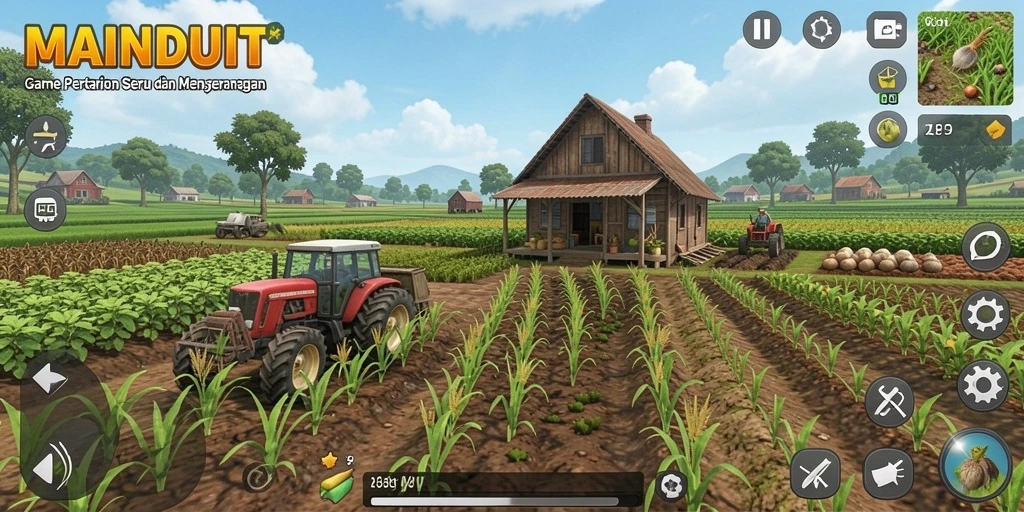Tampilan gameplay MAINDUIT dengan kebun yang indah dan tanaman berwarna-warni.
