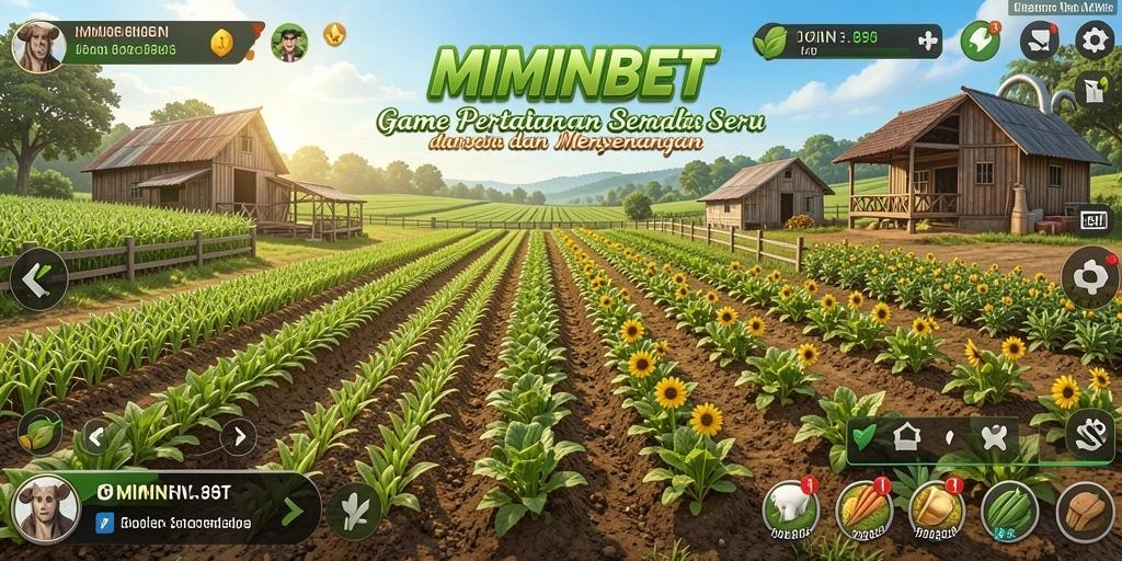 Screenshot utama MIMINBET menampilkan ladang yang subur dan hewan peliharaan.