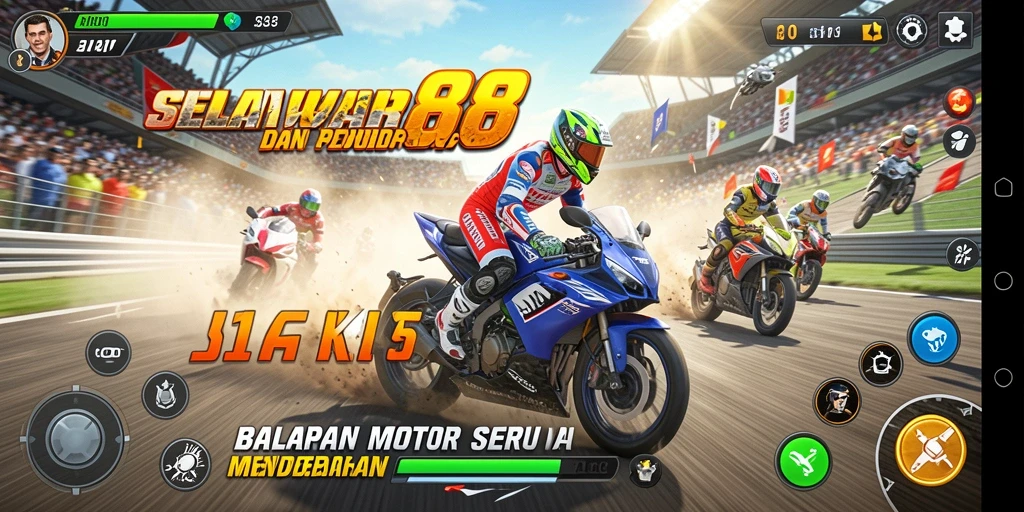 Screenshot gameplay menampilkan aksi balapan motor yang mendebarkan.